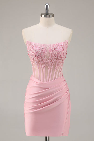 Pink Strapless Corset Tight Homecoming Dress with Appliques